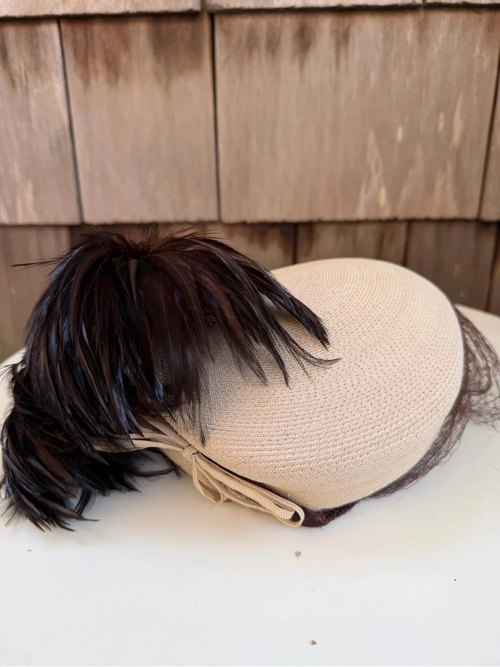 Vintage faux straw beige pillbox hat bows & brown feathers accent tassels 21.5”.
